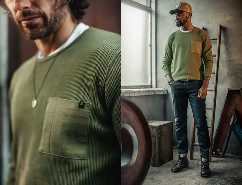 Men &SONS Tops>Glen Pocket Waffle Crew Surplus Green