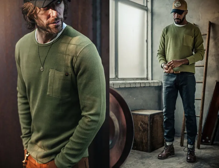 Men &SONS Tops>Glen Pocket Waffle Crew Surplus Green