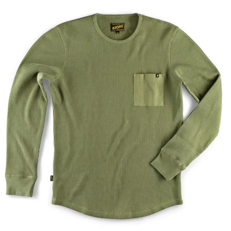 Men &SONS Tops>Glen Pocket Waffle Crew Surplus Green