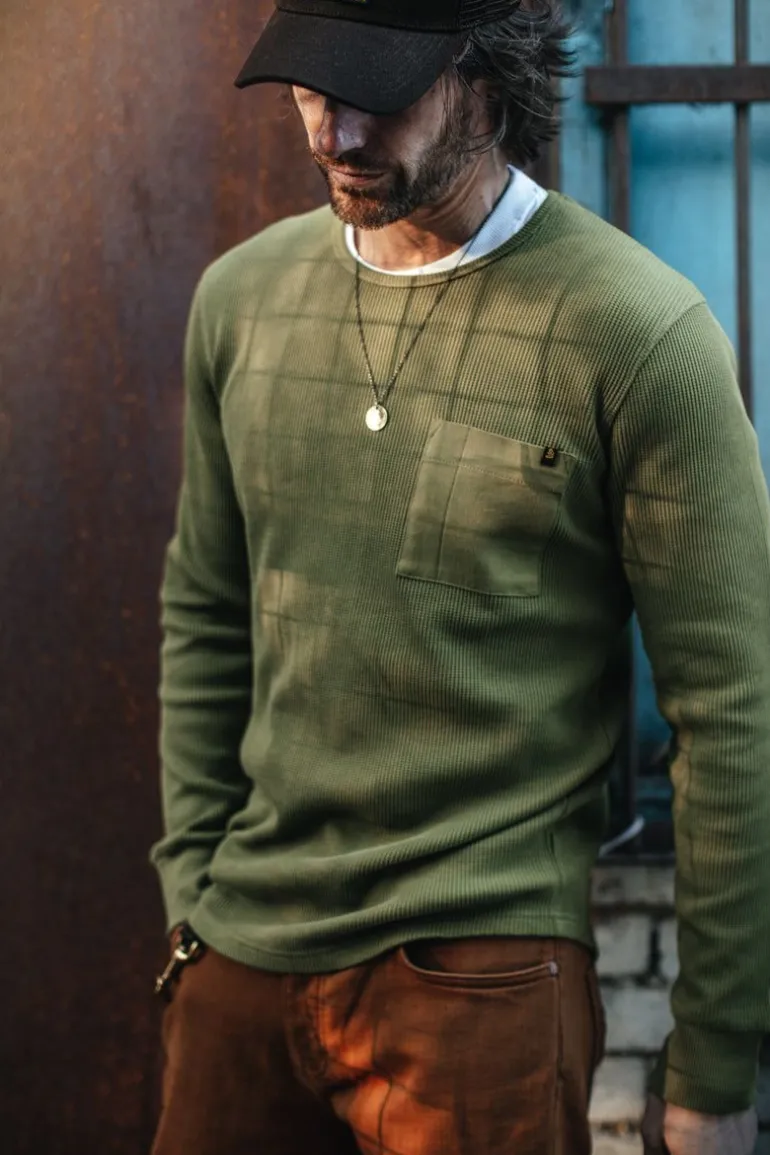 Men &SONS Tops>Glen Pocket Waffle Crew Surplus Green