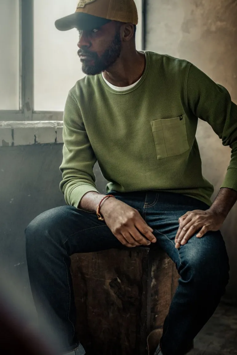 Men &SONS Tops>Glen Pocket Waffle Crew Surplus Green