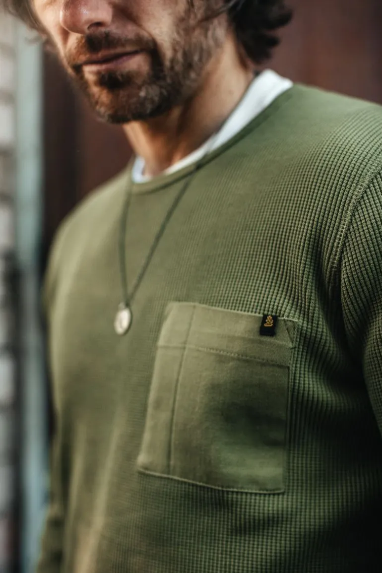 Men &SONS Tops>Glen Pocket Waffle Crew Surplus Green