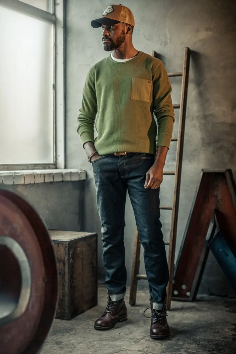 Men &SONS Tops>Glen Pocket Waffle Crew Surplus Green