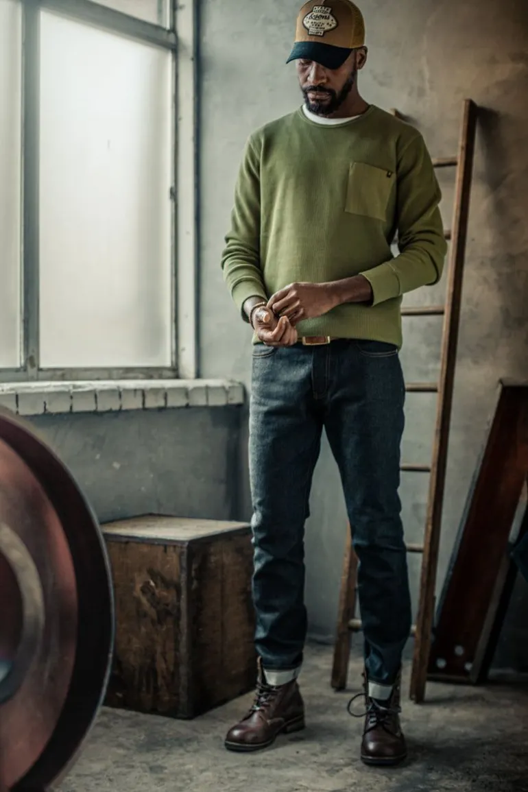 Men &SONS Tops>Glen Pocket Waffle Crew Surplus Green