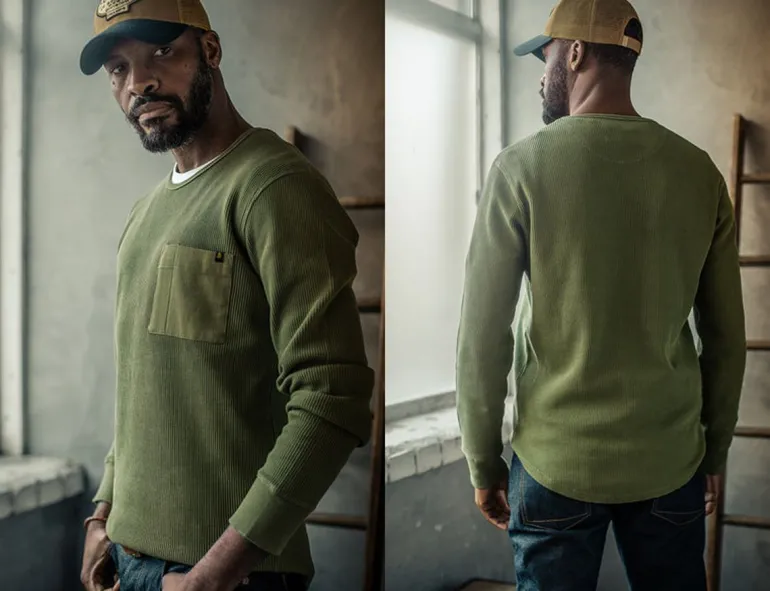 Men &SONS Tops>Glen Pocket Waffle Crew Surplus Green