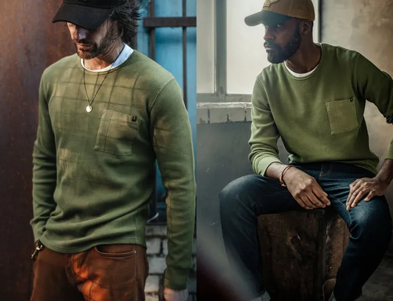 Men &SONS Tops>Glen Pocket Waffle Crew Surplus Green